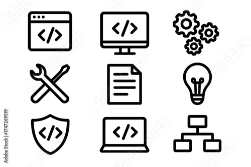 Programming line icon set. Coding and software development vector symbols. Web developer tools, app security, process, idea, sitemap, and coding script vector illustration.