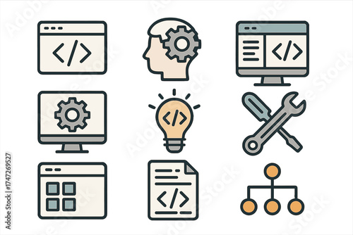 Vector icons set for programming and software development. Includes concepts like coding, web design, creative ideas, development tools, settings, UI elements, and process workflow.