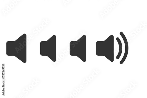 Volume adjustment icon vector set, simple flat sound control symbols, audio speaker illustration pictograms, transparent background, user interface, digital media, audio settings