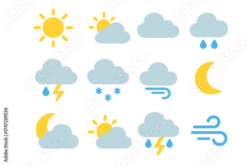 Weather icon set vector illustration. Flat climate symbols for meteorology forecast. Collection includes sun, cloud, rain, snow, wind, storm, thunder, moon. UI, UX element.