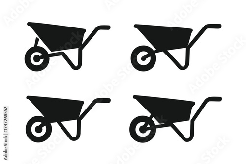 Wheelbarrow icon set vector. Garden cart silhouette collection. Push barrow symbol for gardening, construction, farm work. Simple black tool, agricultural equipment isolated.