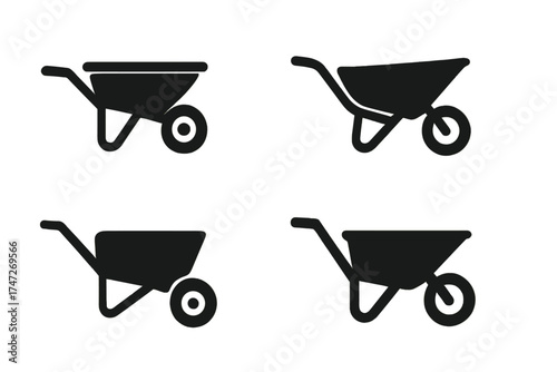 Wheelbarrow icon set vector illustration. Black silhouette of garden and construction cart. Farming and building equipment symbol collection. Simple flat pushcart graphic.
