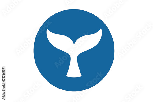Whale tail icon in circle. Marine animal symbol for logo. Sea life & ocean conservation concept. Blue flat vector illustration. Nautical wildlife sign for summer travel.