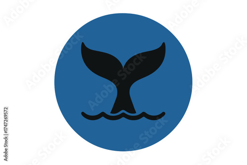 Whale tail icon in blue circle with waves. Marine animal silhouette logo for sea life, ocean conservation, or nautical themes. Vector graphic symbol of a diving whale fluke.