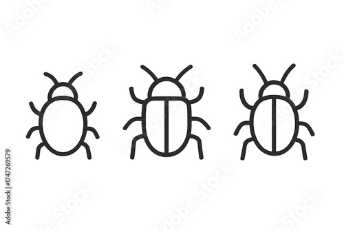 Bug line icon set. Beetle insect symbol collection. Vector outline pictogram for software error, glitch, or virus alert. Simple minimal entomology or pest control sign.