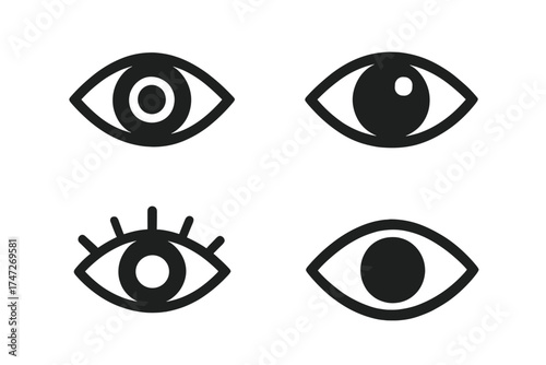 Eye icon set vector collection. Simple minimal glyph symbol for web. See, watch, look concept. Vision, sight, observation, and surveillance pictogram. Security, optic, ophthalmology.