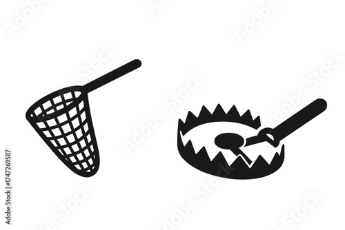 Trap and net icon set. Catching, hunting, and fishing tool. Metaphor for risk, danger, addiction, and capture. Business trap, bait, snare, phishing, and mistake concept.