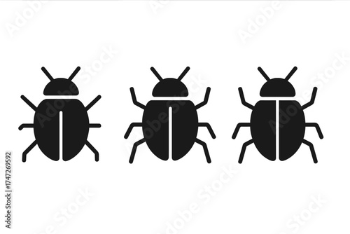 Bug icon set. Insect beetle pest symbol collection. Computer virus, software error, malware concept. Simple flat vector illustration for coding, data security, and debugging.