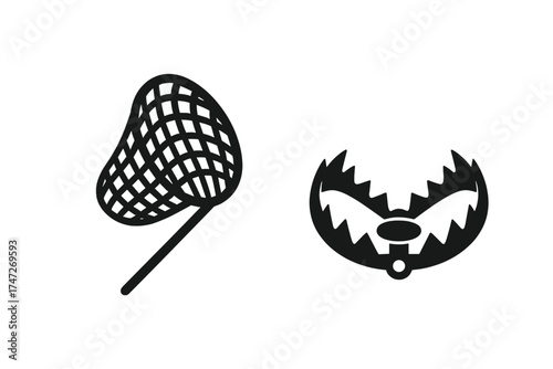 Hunting and trapping vector icon set. Butterfly net for catching and a bear trap for hunting animals. Concepts of capture, danger, risk, and ensnaring prey. Black silhouette.