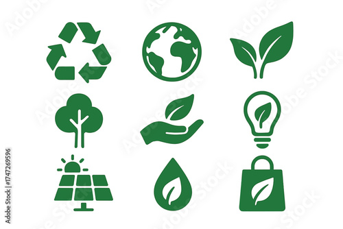Ecology and environment icon set. Green energy, recycling, and sustainability symbols. Vector collection for eco-friendly concepts like solar power, clean water, and nature care.