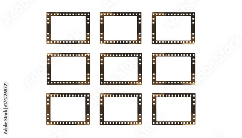 Vector set of 9 square Super 16 film frames. Authentic 4K film scan texture with light leaks. Vintage photo border, retro movie template, celluloid strip for photography.