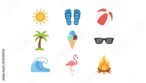 Vector summer icons set. Flat design beach holiday symbols collection. Sun, palm tree, ice cream, flamingo, wave, campfire, sunglasses, flip flops and beach ball elements.