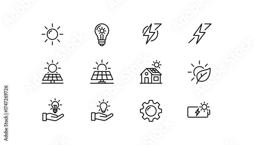 Solar energy line icon set. Renewable green power concept. Sun, panel, battery charge, eco house, sustainable electricity. Vector illustration for web and mobile design.