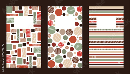 Set mit drei Vektorgrafiken mit bunten geometrischen Formen auf weißem Hintergrund. Freier Platz für Text. Vorlage für Einladungen, Grußkarten, Social Media Posts, Flyer, Poster, Cover und Werbung.