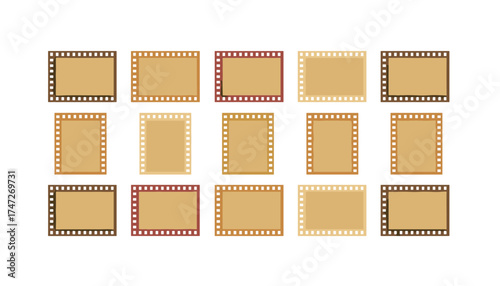 Vector set of retro Super 8 film frames. Vintage movie filmstrip border collection. Old celluloid cinema photography template. Nostalgic 8mm reel strip for photo or video.