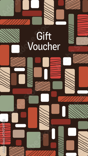 Gift Voucher - Schriftzug in englischer Sprache - Geschenkgutschein. Gutscheinkarte mit bunten Rechtecken auf schwarzem Hintergrund.