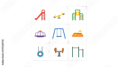 Playground equipment vector icon set. Collection of children's park elements including swing, slide, seesaw, sandbox, jungle gym, merry-go-round. Flat design graphic.