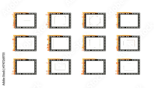 Super 8 film frame vector set. Old retro 8mm movie filmstrip with sprocket holes and light leak. Vintage cinema photography negative placeholder template for photo or video.