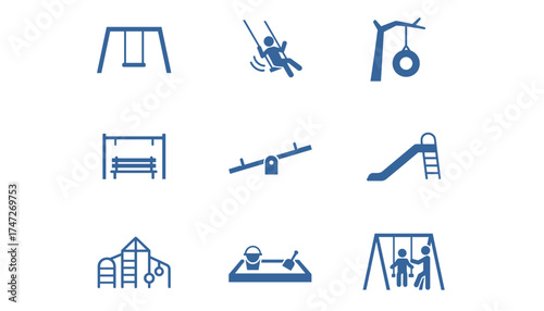 Playground icon set. Kids outdoor activity symbols. Park recreation elements. Swing, slide, seesaw, sandbox, jungle gym. Children playing vector pictogram collection.