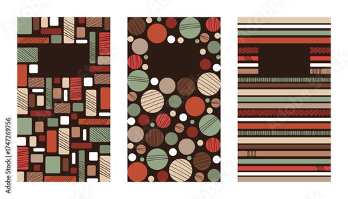 Set mit drei Vektorgrafiken mit bunten geometrischen Formen auf schwarzem Hintergrund. Freier Platz für Text. Vorlage für Einladungen, Grußkarten, Social Media Posts, Flyer, Poster, Cover und Werbung.