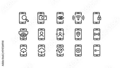 Smartphone surveillance vector icon set. Line icons for mobile security, privacy, data spying, GPS tracking, camera monitoring, facial recognition, cloud data, and protection.