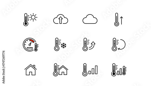 Thermometer and weather icon set for temperature measurement. Vector line art symbols for hot, cold, climate forecast. Meteorology icons, heat and cold indicators, sun, cloud.