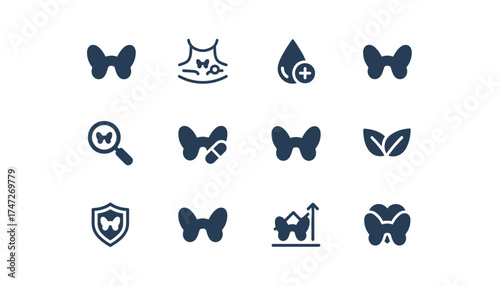 Thyroid gland glyph icons. Endocrinology, metabolism, and hormone health concepts. Vector set for medical design, diagnosis, treatment, hyperthyroidism, and blood analysis.