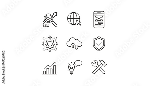 Web design and development thin line icon set. SEO, mobile app UI UX, data security, cloud computing, business growth analytics, digital marketing strategy, innovation idea.