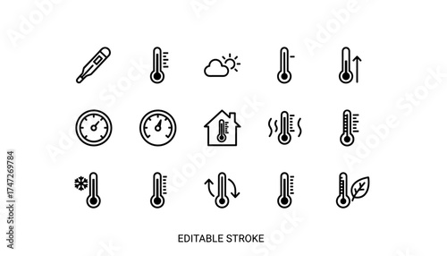 Thermometer vector icon set. Temperature measurement symbols. Weather forecast elements, hot and cold, climate control. Digital, medical fever thermometer. Editable stroke outline.