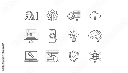SEO and web development thin line icon set. Business technology symbols for data analysis, cloud computing, mobile search, online security, network solution, and digital marketing.