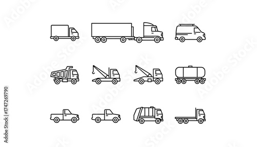 Trucks vector icon set. Linear collection of transport vehicles. Semi, dump, pickup, garbage, tow truck, van, tanker. Logistics, shipping, delivery, freight symbols. Outline.
