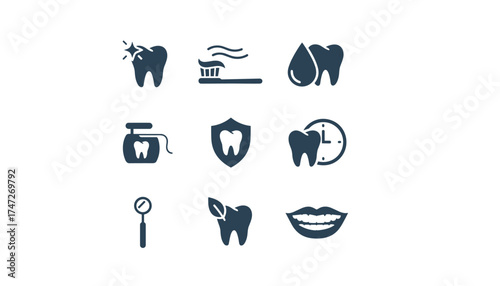 Dental care and oral hygiene glyph icon set. Vector symbols of tooth, cleaning, dentist tools, toothbrush, toothpaste, floss, smile, and protection for stomatology.
