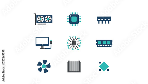 Computer hardware parts vector icon set. PC components flat design graphics. Technology electronics illustration. Video card, CPU, RAM, processor, cooler fan, monitor.