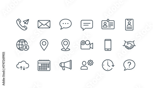 Contact us vector line icon mega set. Communication elements. Phone, email, chat, location, user profile, and support symbols. Thin outline icons for web and mobile UI.