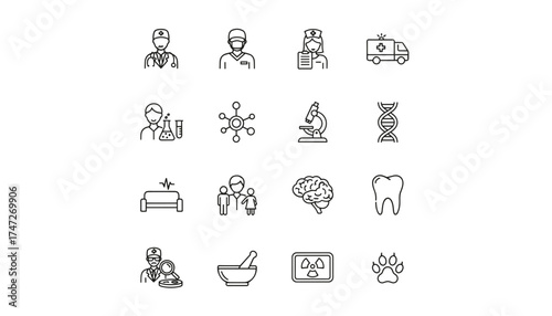 Medical and healthcare line icon set. Vector symbols for doctor, nurse, ambulance, science, and research. Icons for clinic, hospital, pharmacy, lab, cardiology, and neurology.