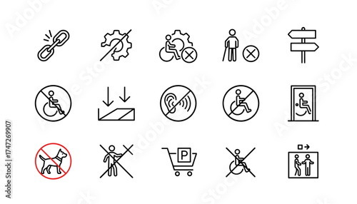Disability & accessibility thin line vector icon set. Wheelchair access, ramp, elevator, no entry, disabled person parking. Hearing impaired, blind person, no pets allowed signs.