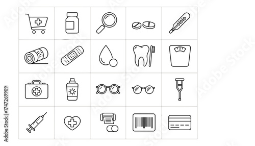 Pharmacy line icon set for drugstore and healthcare. Vector symbols for medicine, first aid, dental care. Medical equipment, prescription drugs, shopping and payment concept.