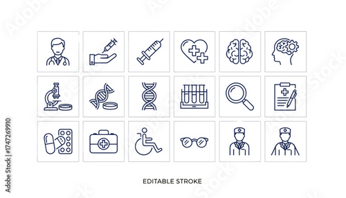 Medical line icon set. Healthcare, medicine, and science symbols. Doctor, hospital, clinic, research, lab vector icons. Syringe, DNA, brain, microscope. Editable stroke.