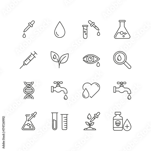 Science and chemistry line icon set. Water analysis, laboratory tests, medicine dropper, dna research, poison, ecology concepts. Liquid drop, pipette, test tube vector icons.