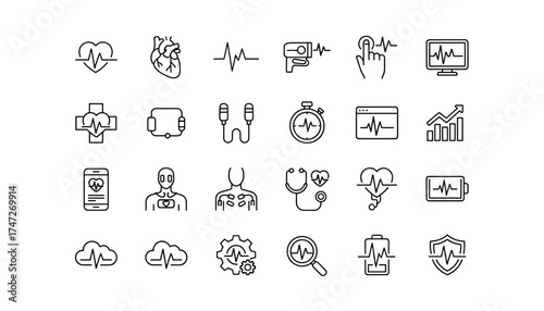 Cardiology vector icon set. Electrocardiogram, EKG, heartbeat, pulse rate. Health monitoring, medical diagnostics, healthcare technology, hospital, doctor, nurse, clinic symbols.