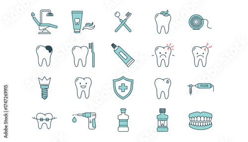 Dental care vector icons set. Toothbrush, toothpaste, tooth with cavity, dental chair, braces, dental drill, implant, mouthwash. Oral hygiene and dentistry symbols.