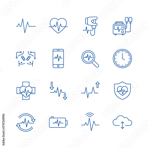 Electrocardiogram ECG line icon set. Vector symbols of heart rate, pulse, EKG monitor, cardiology diagnostics, and medical technology. Heartbeat rhythm & healthcare graphics.
