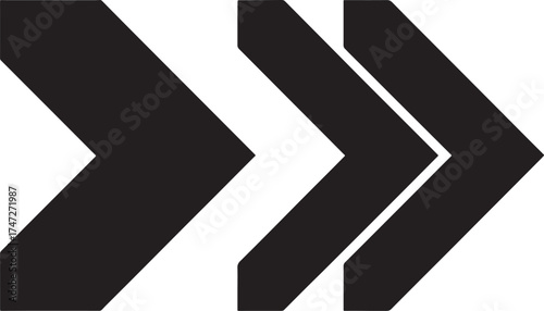 Three black chevron arrows pointing right on white background direction forward