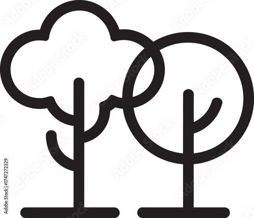 Two stylized trees icon with outlines on white background Keywords: trees, nature, environment, park