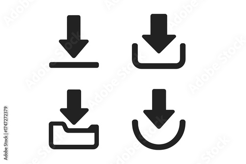 Download arrow icons set, vector illustration with downward arrows and various tray styles, digital data transfer symbols, technology interface elements, file saving and computer download concept