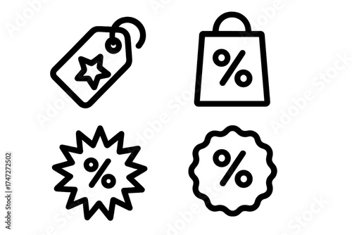 Discount shopping icons with percentage signs and star tag. Vector set of sale tags, shopping bags, percentage symbols, promotional labels, favorite star, clear background