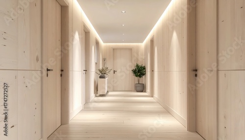 Wooden hallway with soft lighting showcases a modern and inviting interior space, featuring closed doors along both sides, plants, and a minimalist design that emphasizes natural textures and a...