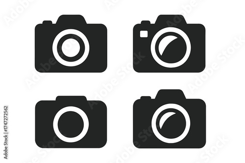Vector upload and camera icon set, black minimalist design with transparent background, photography symbols, digital photo camera silhouette collection, technology illustration for apps and websites