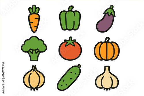 Colorful vector vegetables icons set including carrot, bell pepper, eggplant, broccoli, tomato, pumpkin, onion, cucumber, and garlic with transparent background, organized illustration
