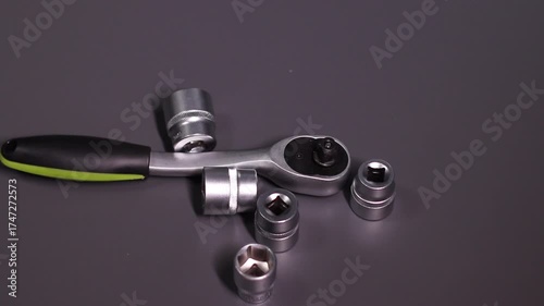 A set of building tools and instruments for repair in black and green colour. Must-have for men. Equipment for building. Repair tool kit. construction concept. gray background . High quality photo
